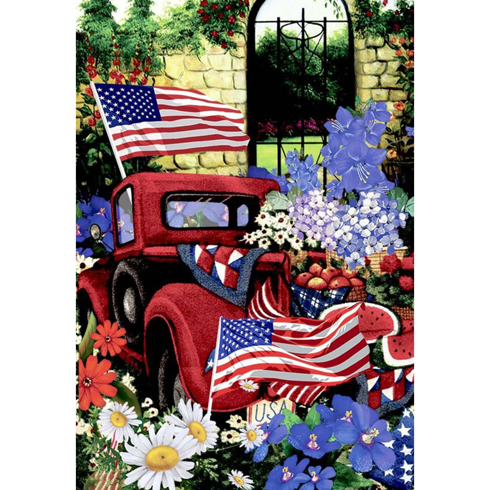 

Red Car American Flag - Round Drill Diamond Painting - 30*40CM, 501 Original
