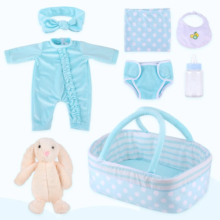 17''-22'' Essential Clothes Accessories for Reborn Baby with Cyan Polka Dots 8 Pieces Gift Set