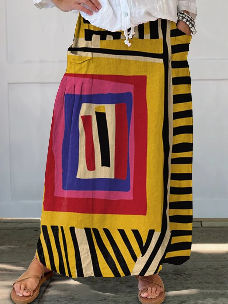 Women's Yellow Color-block Abstract Figure Print Color-blocked Abstract Graphics Linen Pocket Skirt