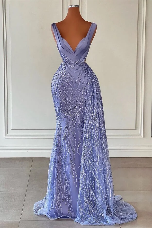 Gorgeous Violet V-Neck Mermaid Beadings Prom Dress With Sequins  ED0503