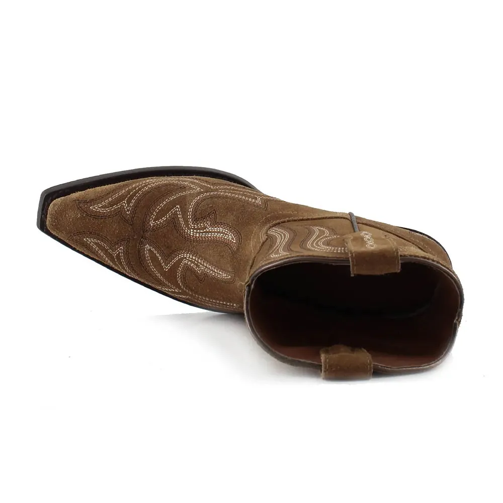 Women&lsquo;s Short Block Low Heel Embroidered Snip Toe Brown Western Boots