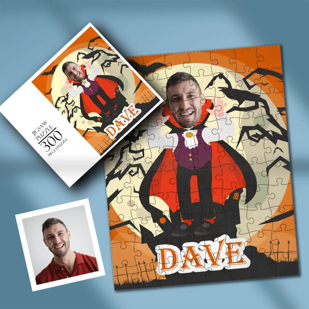 Custom Face Photo Halloween Puzzle Vampire With Red Cloak Style Personalized Jigsaw Puzzle - 35-1000 pieces