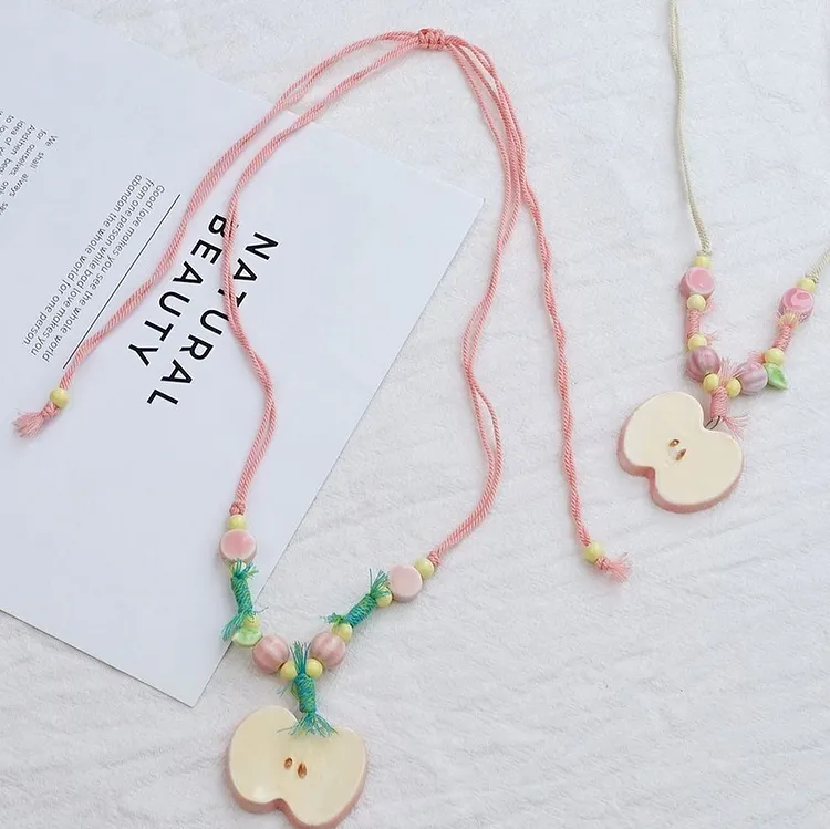 Apple Slice Ceramic Pendant Necklace Jingdezhen Porcelain Collarbone Chain