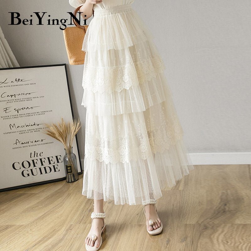 Beiyingni Lace Tulle Skirt Women Solid Summer Long White Black Tutu Skirts A Line Skirt Laides Elegant High Waist Elastic Faldas