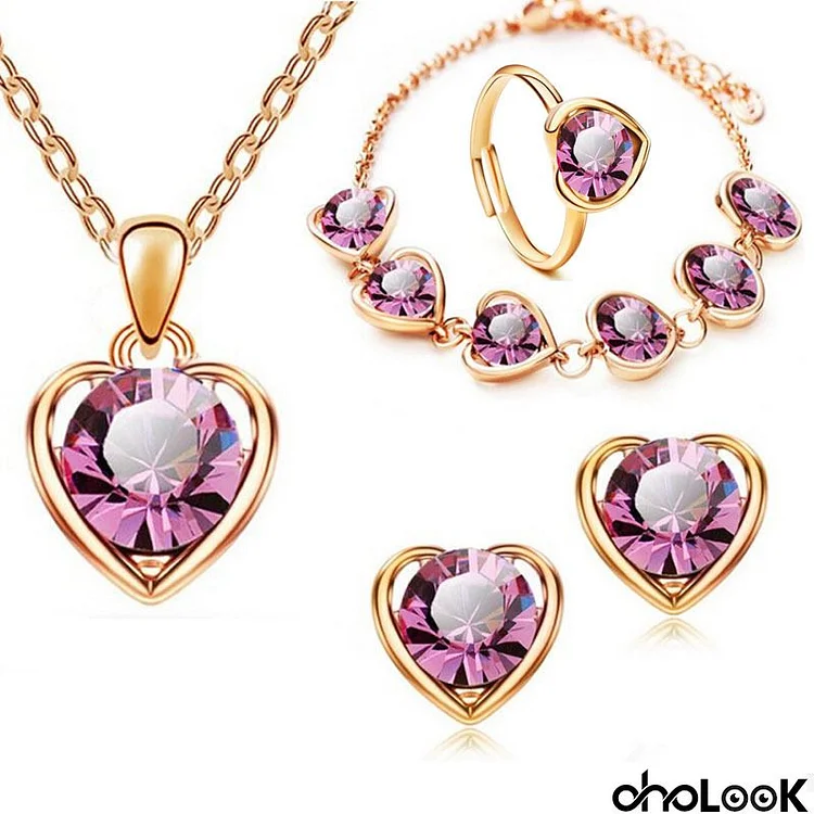 Women Fashion Heart Shaped Inset Gemstone Pendant Necklace Stud Earrings Ring Bracelet Jewelry Set (4 Items)