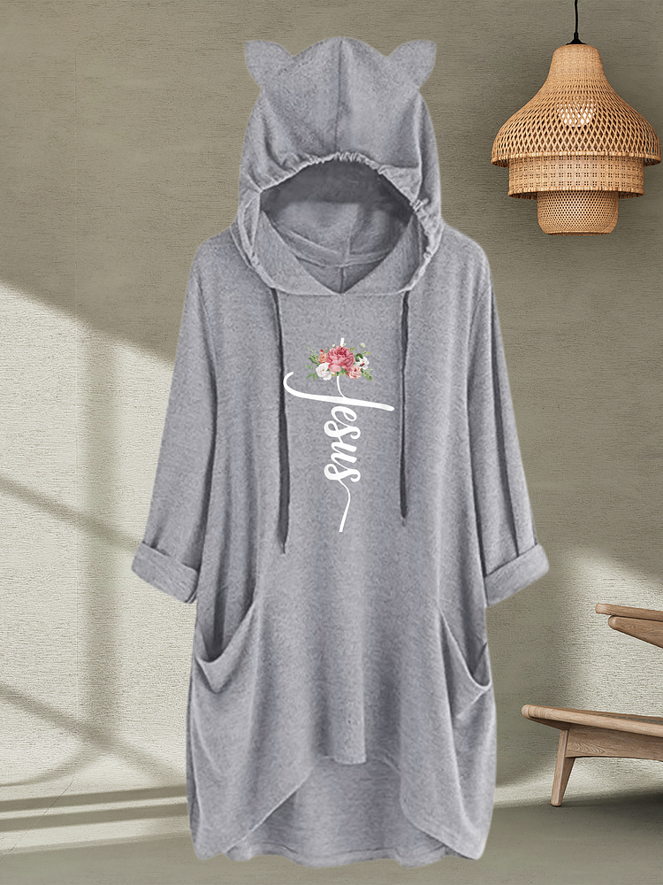 Women's Hoodie Tee Lord Jesus Cross with Floral Print on Long T-Shirt For Youth Ladies Young Girl