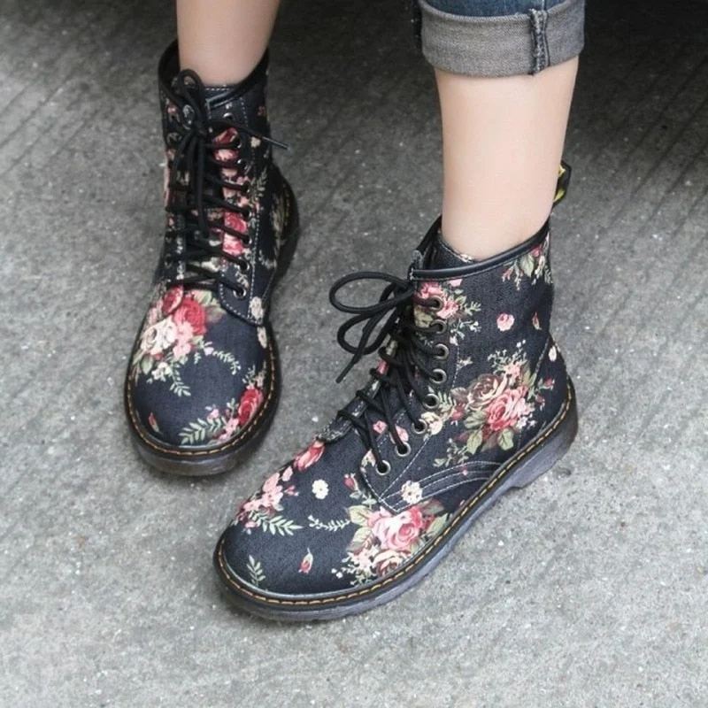 Comemore Printing Flowers Fashion Female Low Heel Lace Up Martin Soft Sole Ankle Boots Lace Up Platform Women's Shoes Autumn 40