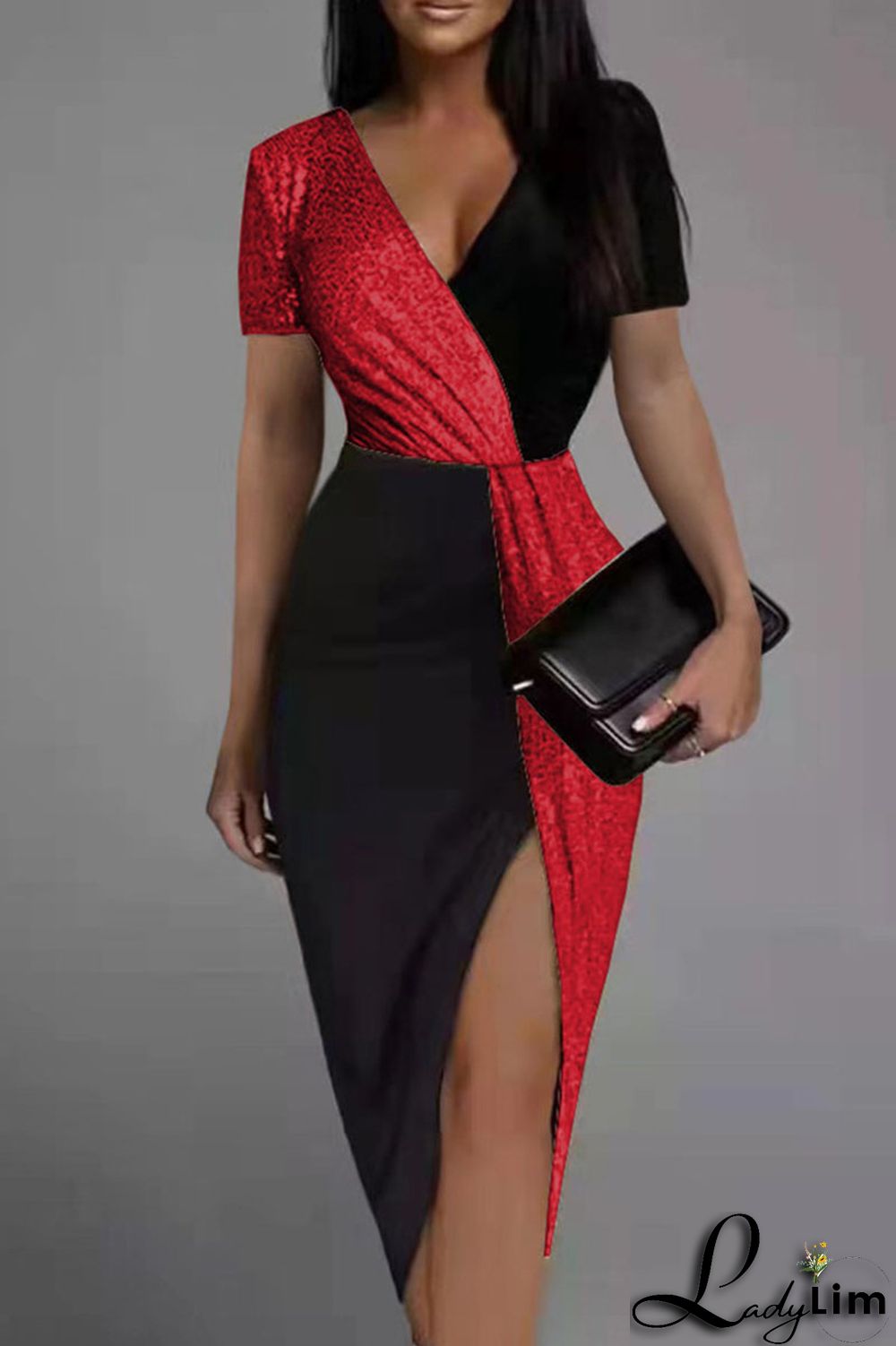 Orange Fashion Sexy Patchwork Slit V Neck Short Sleeve Dress