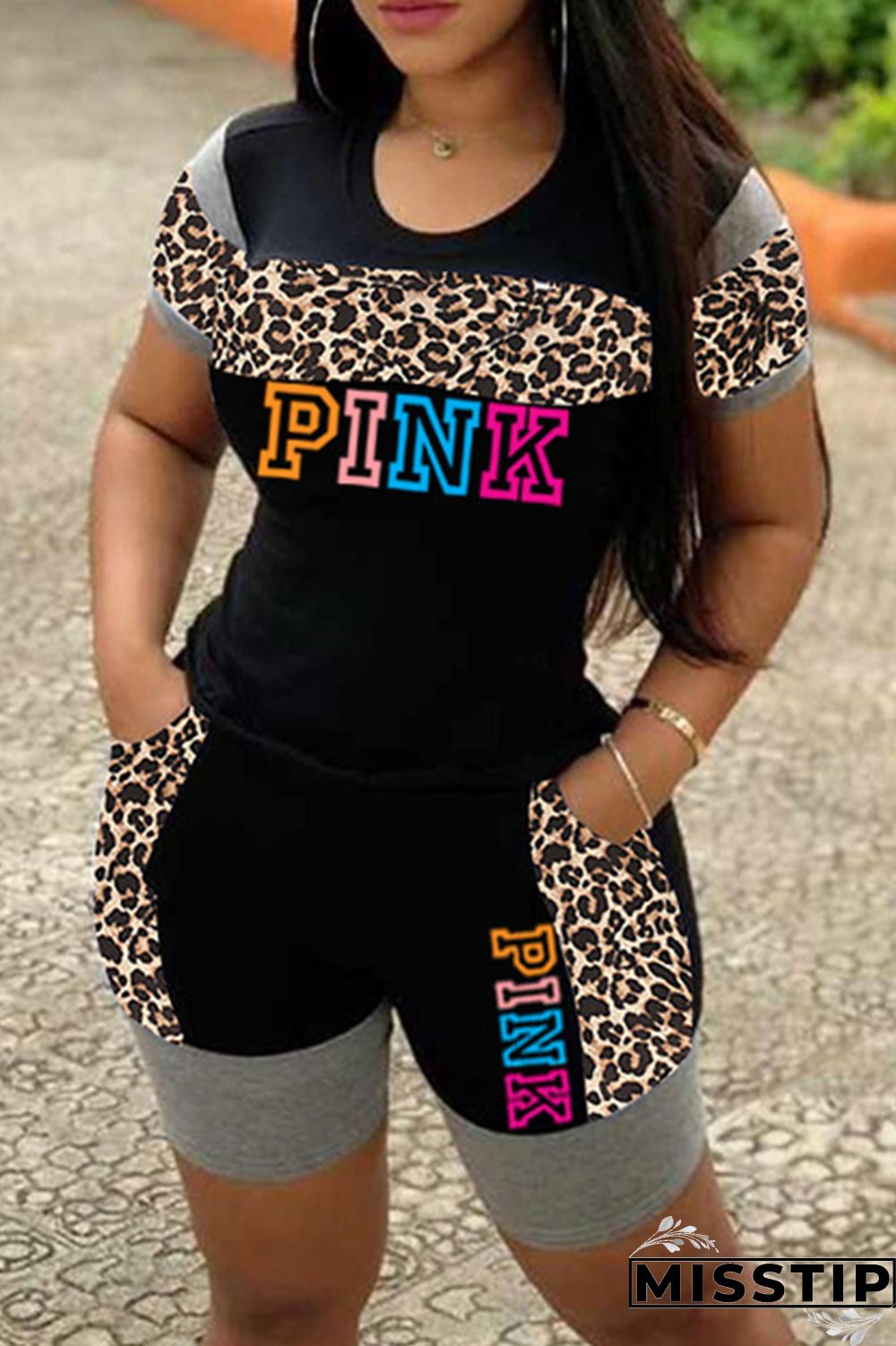 Black Fashion Casual Letter Print Leopard Patchwork O Neck Short Sleeve Two Pieces