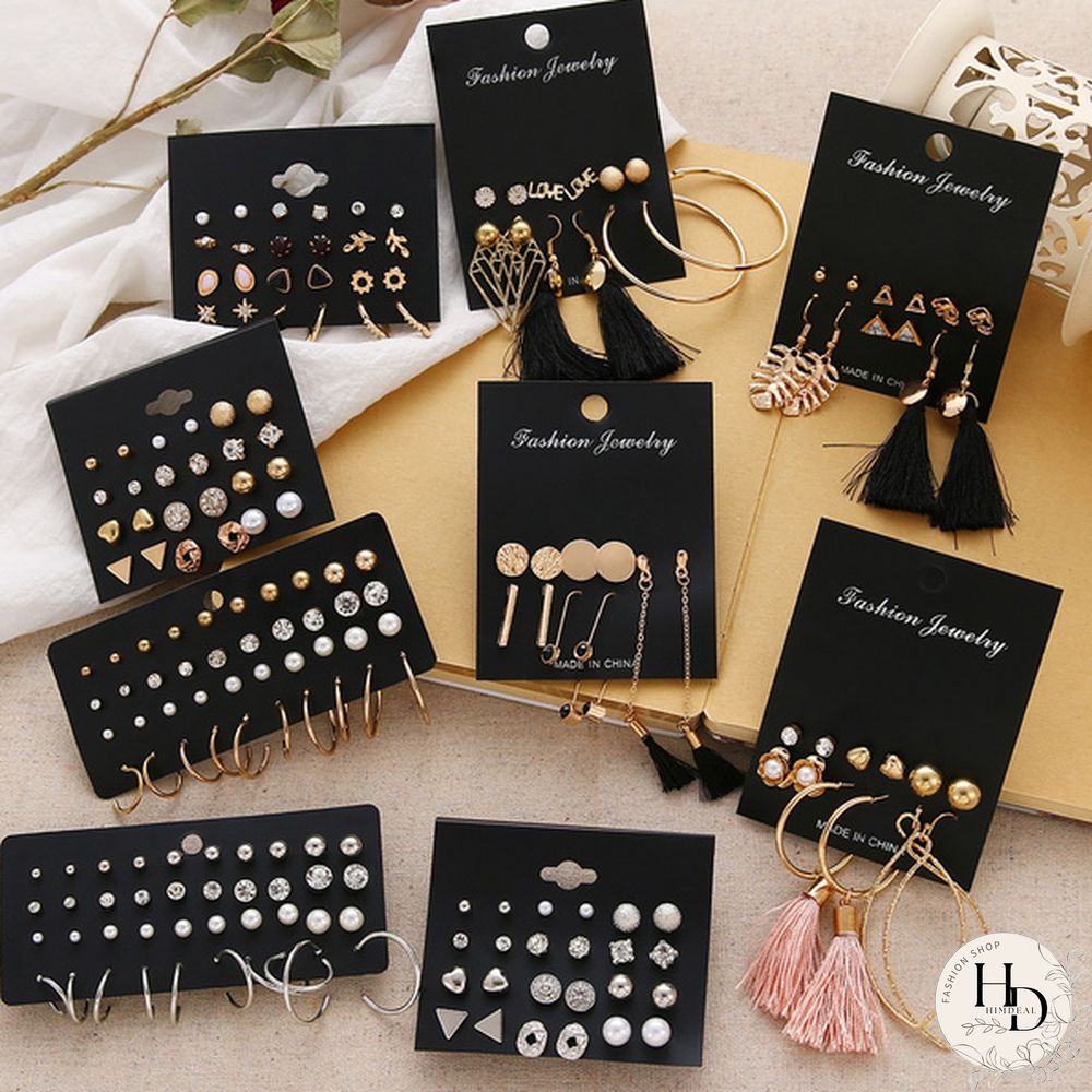 Pairs Flower Womens Earrings Set Pearl Crystal Stud Boho Geometric Tassel For Women