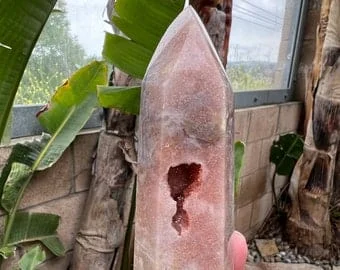 pornhint Pornhint Pink Amethyst Quartz Crystal with Agate and Red Druzy Tower Point