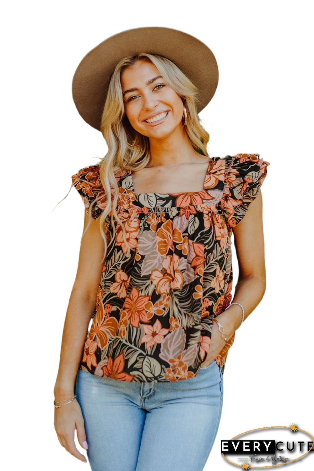 Brown Floral Flutter Sleeves Square Neck Blouse