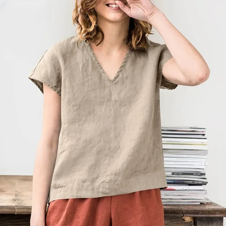 Wearshes V-Neck Comfortable Linen Cotton Long-Sleeve T-Shirt