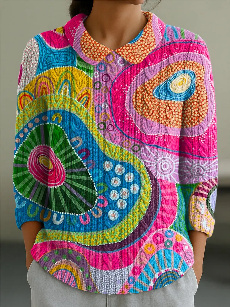 Women's Abstract Colorful Circular Graffiti Painting Art Print Casual Peter Pan Collar 3/4 Sleeve Sweater