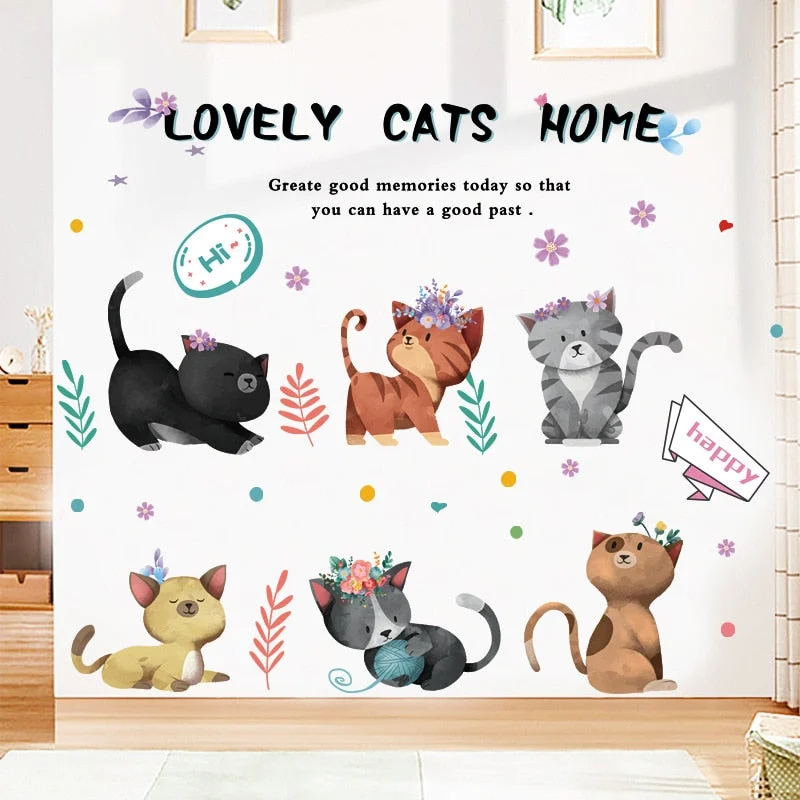 Cartoon Hand Painted Colorful Cats Wall Stickers Fashion Room Decoration Lovley Animals Home Decor for Kids Room PVC Wall Art