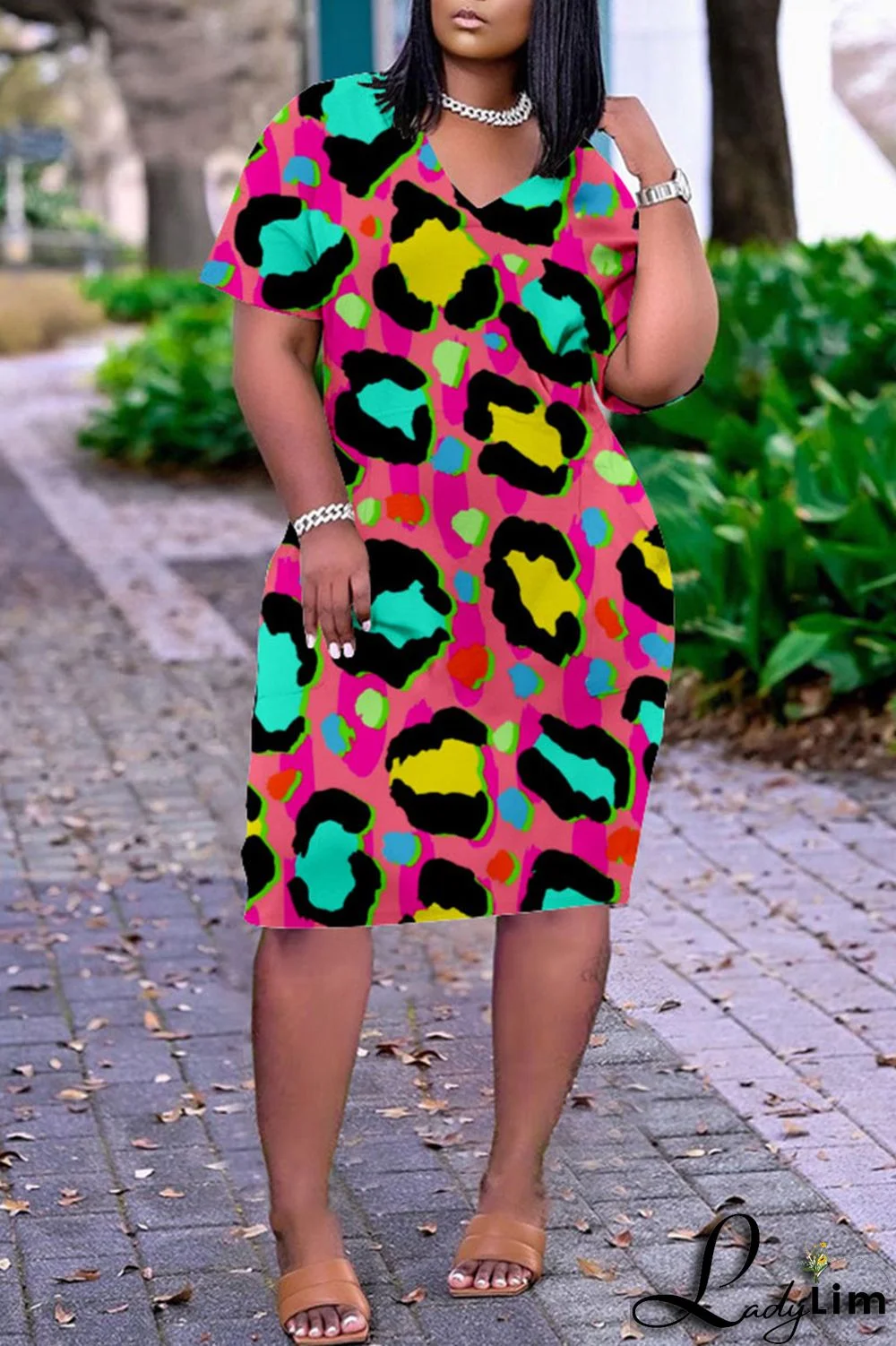 Rose Red Casual Print Patchwork V Neck Printed Dress Dresses