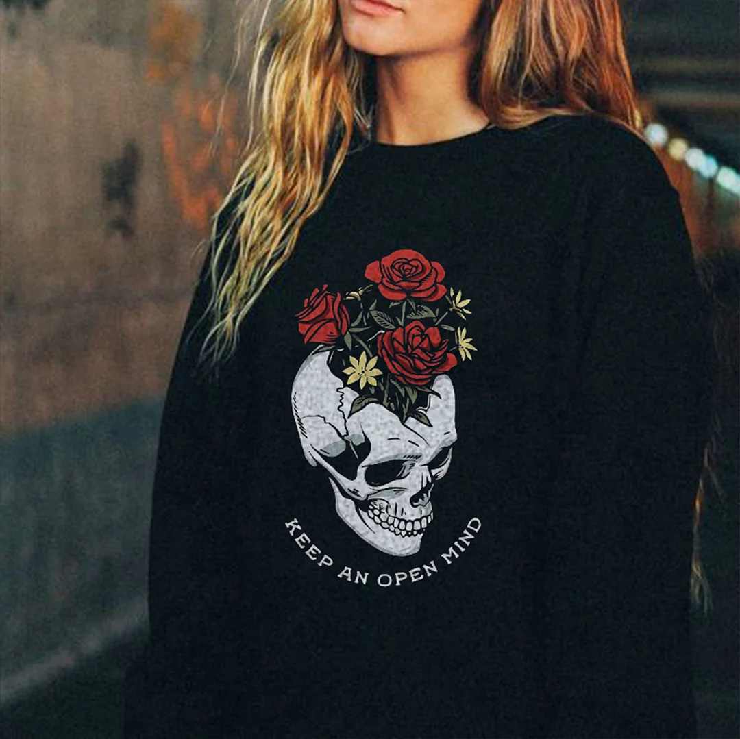 KEEP AN OPEN MIND Skull Casual Black Print Sweatshirt