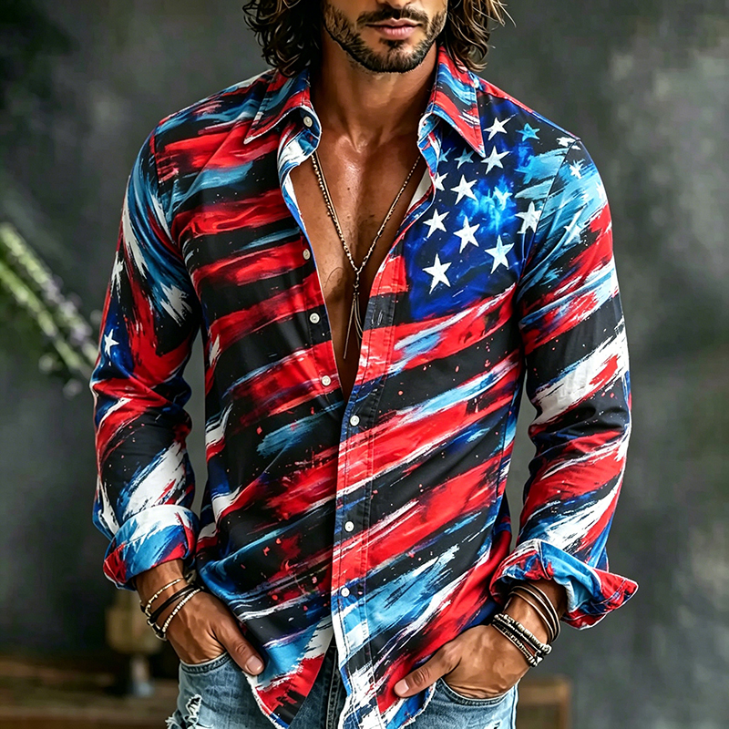  Men's Retro Independence Day Anniversary Printed Cotton Linen Shirt Westsshops
