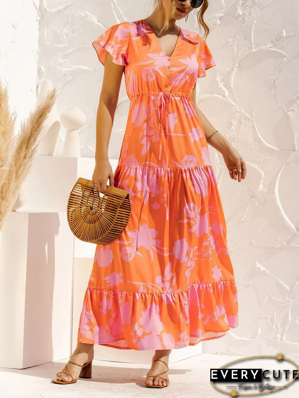 V-neck Floral Print Maxi Dress P16236
