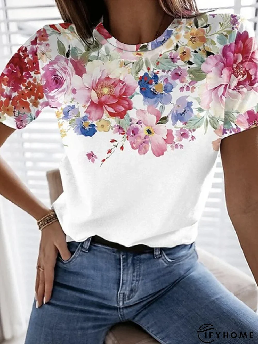 Casual Floral Crew Neck Short Sleeve T-Shirt | IFYHOME