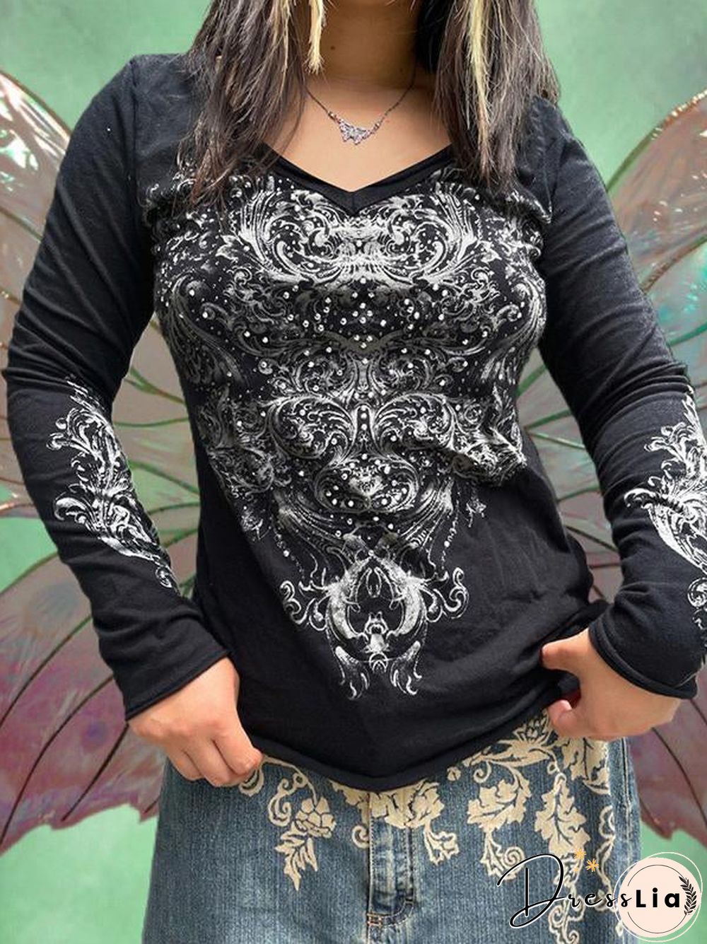 Vintage V Neck Printed Long Sleeve Shirt