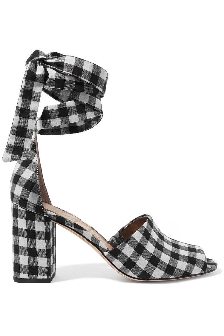 Black and White Plaid Chunky Heel Strappy Sandals Vdcoo