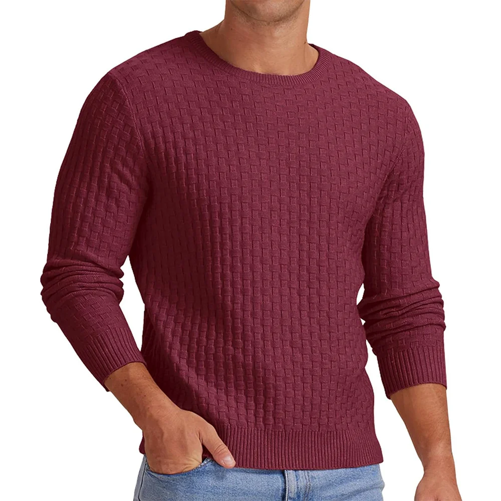 Wongn Wongn Men's New Waffge Solid Color Round Collar Long Sleeve Sleeve Sweater Fashion Casual Men's Sweater Top