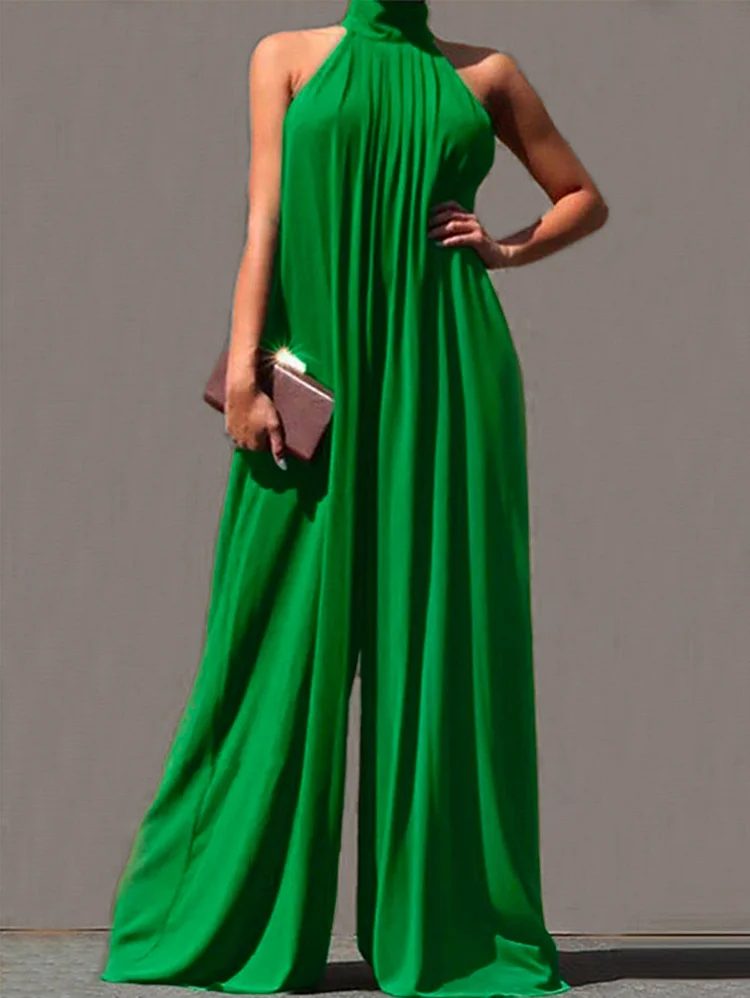 Fashion Solid Color Sleeveless Halter Wide Leg Loose Jumpsuit