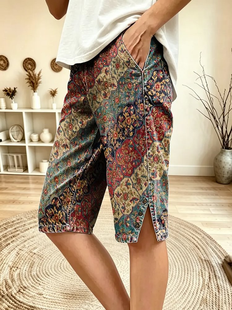 Women's Vintage Persian Rug Print Denim Bermuda Shorts