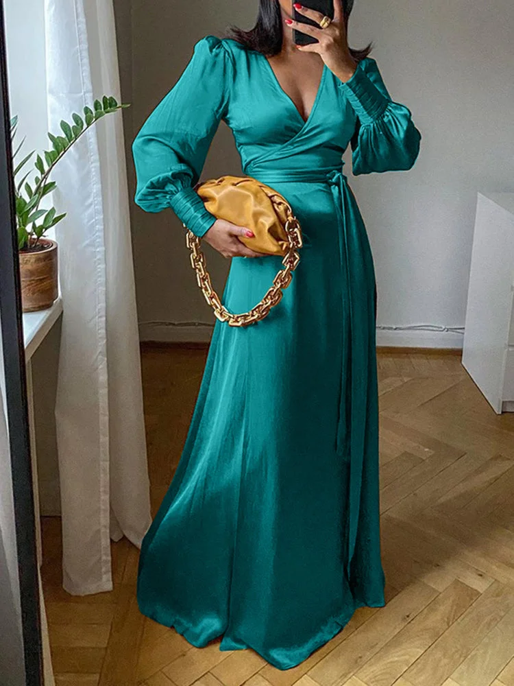 Large size solid color high collar long sleeves lantern sleeves A-line women's dress SKUI49082 QueenFunky