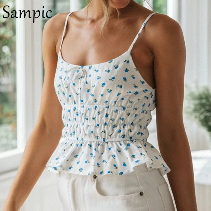 Sampic 2021 Floral Print Spring Summer Beach Women Boho Tank Tops Ruched Strap Sleeveless Ruffles Crop Tops Mini Skinny Vest