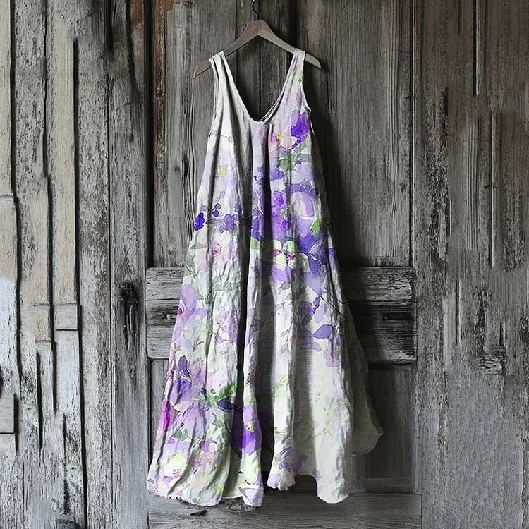 Vintage Violet Floral Art Linen Tank Dress