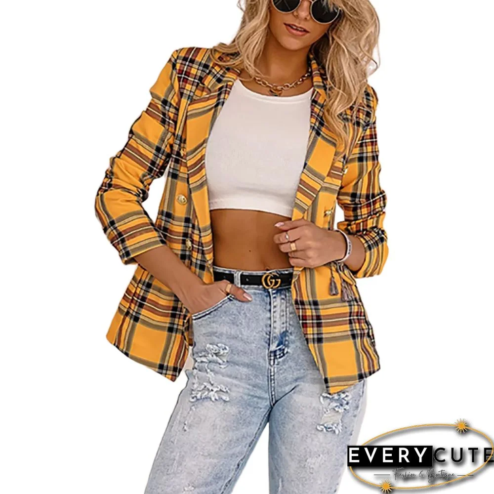 Yellow Plaid Print Casual Blazer Top