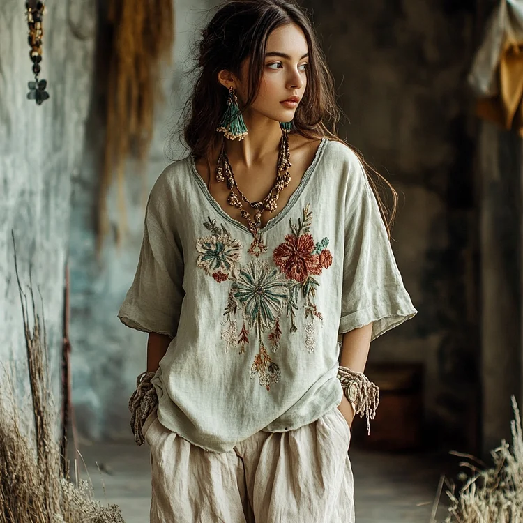 Women's Floral Embroidery V Neck Casual Linen Top