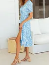 Floral Printed Split-Side Puff Sleeves Midi Dress