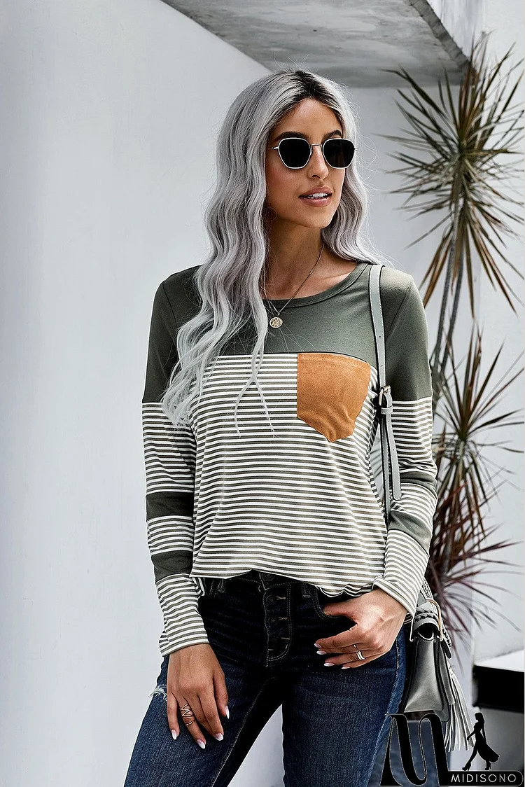 Green Pinstripe Patch Pocket Long Sleeve Top