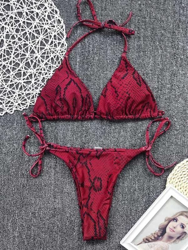 Snake-Print Triangle Bandage Split Bikini Swimsuit