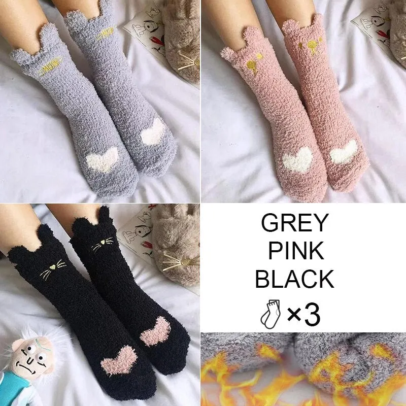 FINETOO 3Pair/Set Women Autumn and Winter Socks Plush  Thick Warm Socks Coral Velvet Animal Sleeping Non-slip Home Floor Socks