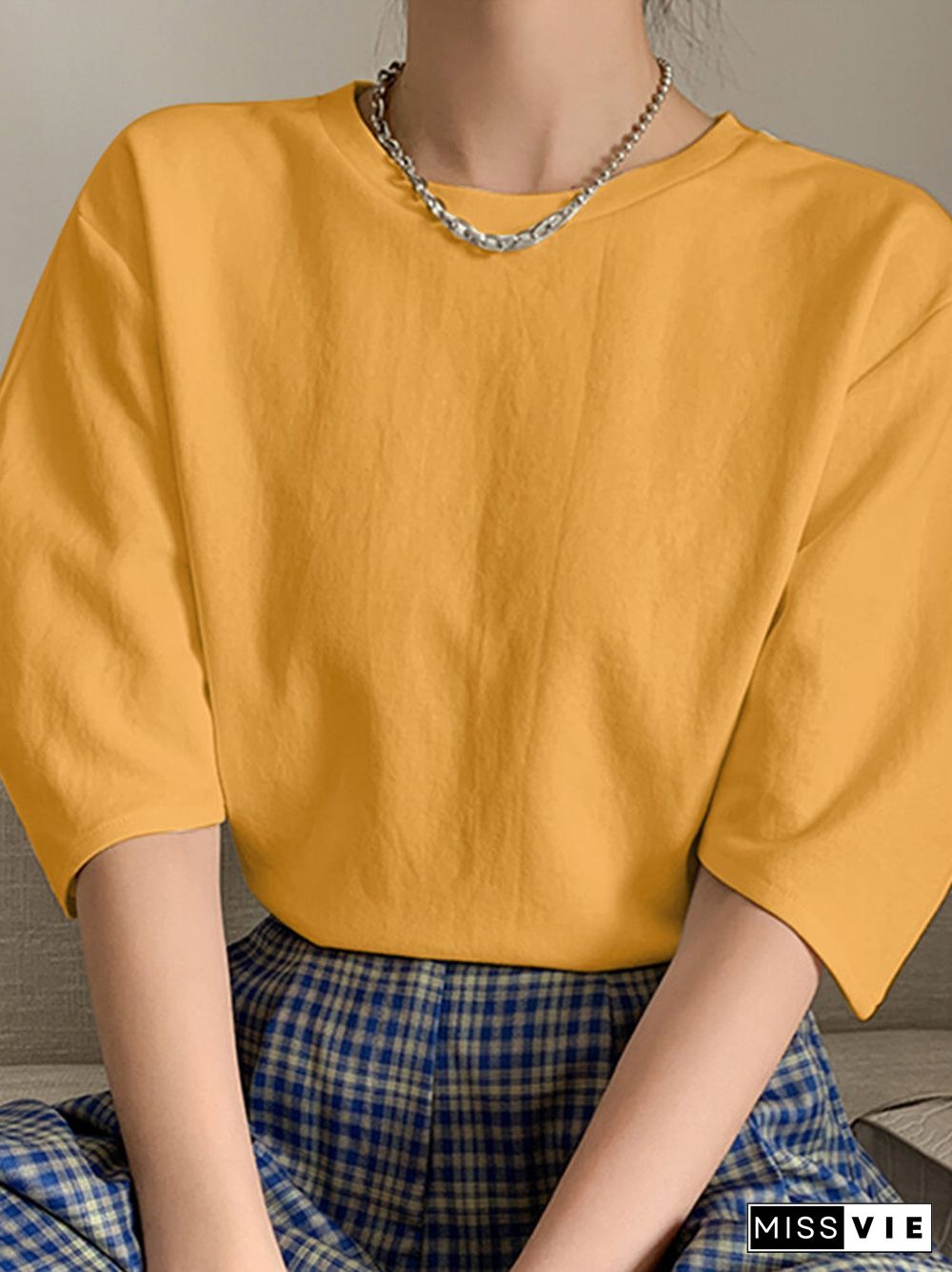 Crew Neck Solid Color Half Sleeve Casual Blouse