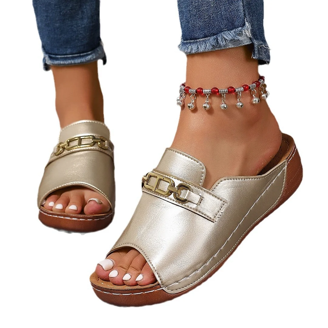 Yyvonne Summer New Large-Size Lady Thick-Soled Sandals Help Metal Buckle Decorative Sole Polyurethane Sole