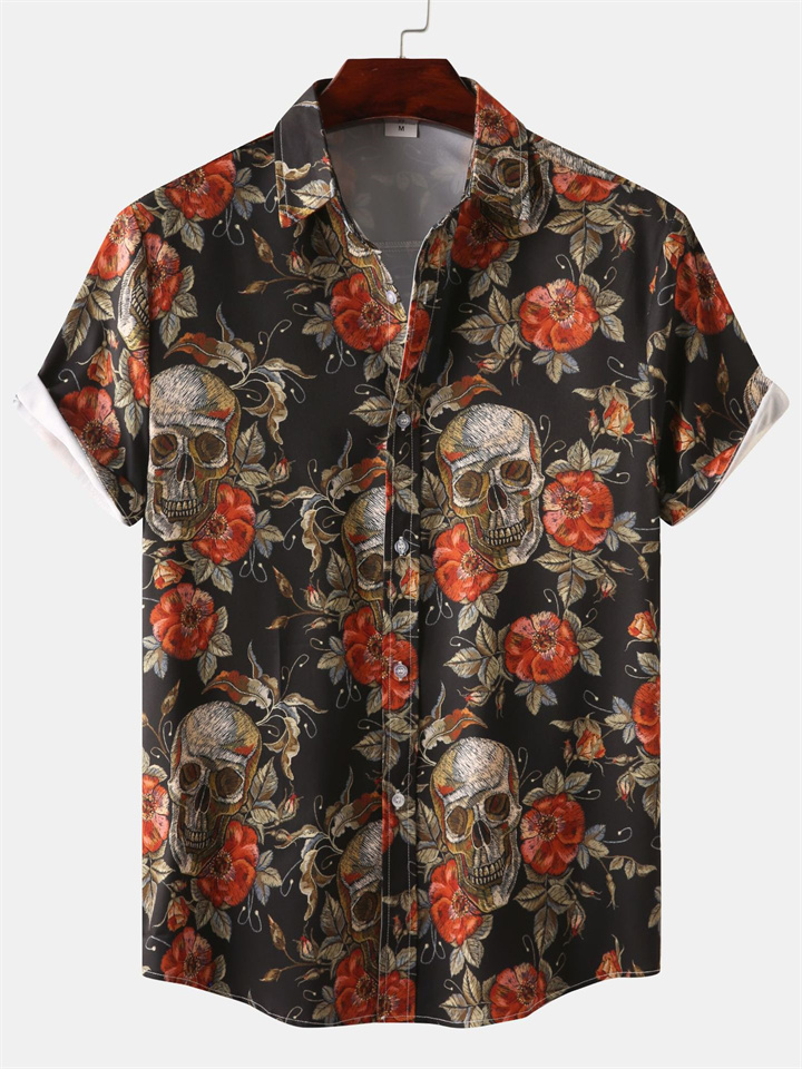Men's Short-sleeved Shirt Men's Loose Halloween Casual Mid-sleeve Printed Lapel Short-sleeved Shirt Cardigan