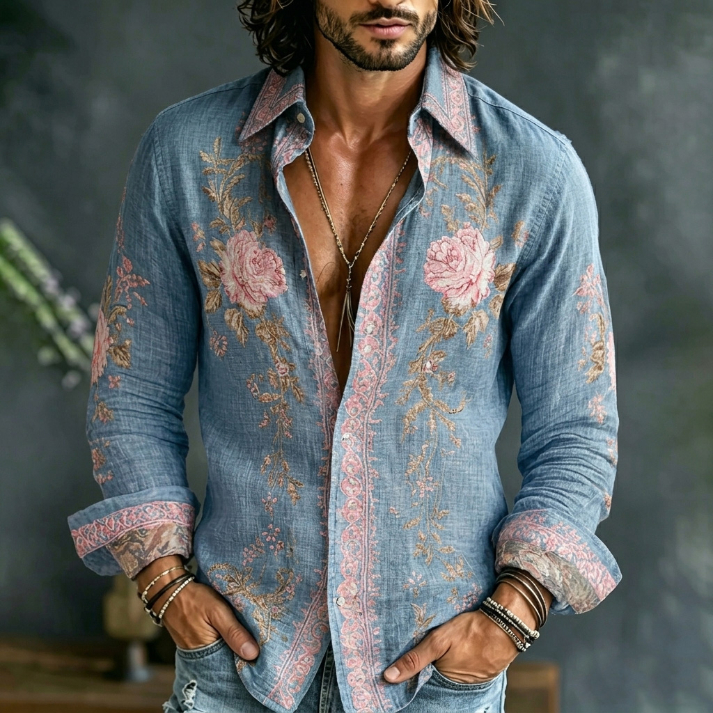 Comstylish Men's Retro Rose Floral Pattern Casual Shirt