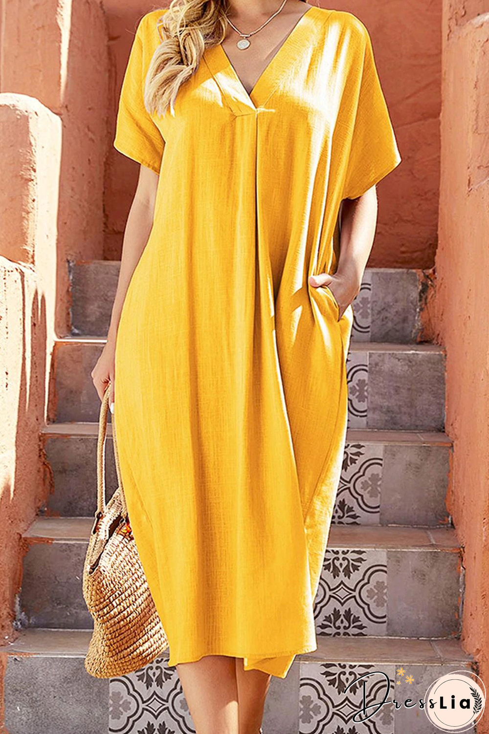 Casual Solid Split Joint V Neck Straight Dresses(6 Colors)