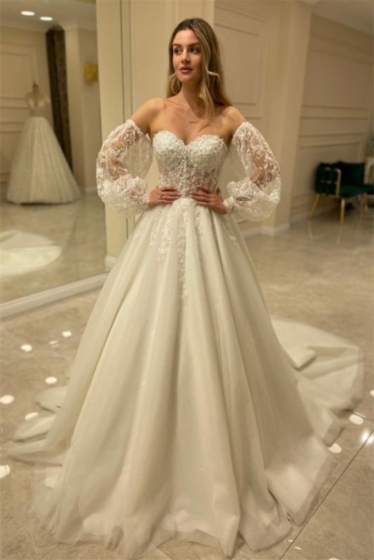Luluslly Sweetheart Tulle Lace Wedding Dress With Bubble Sleeves