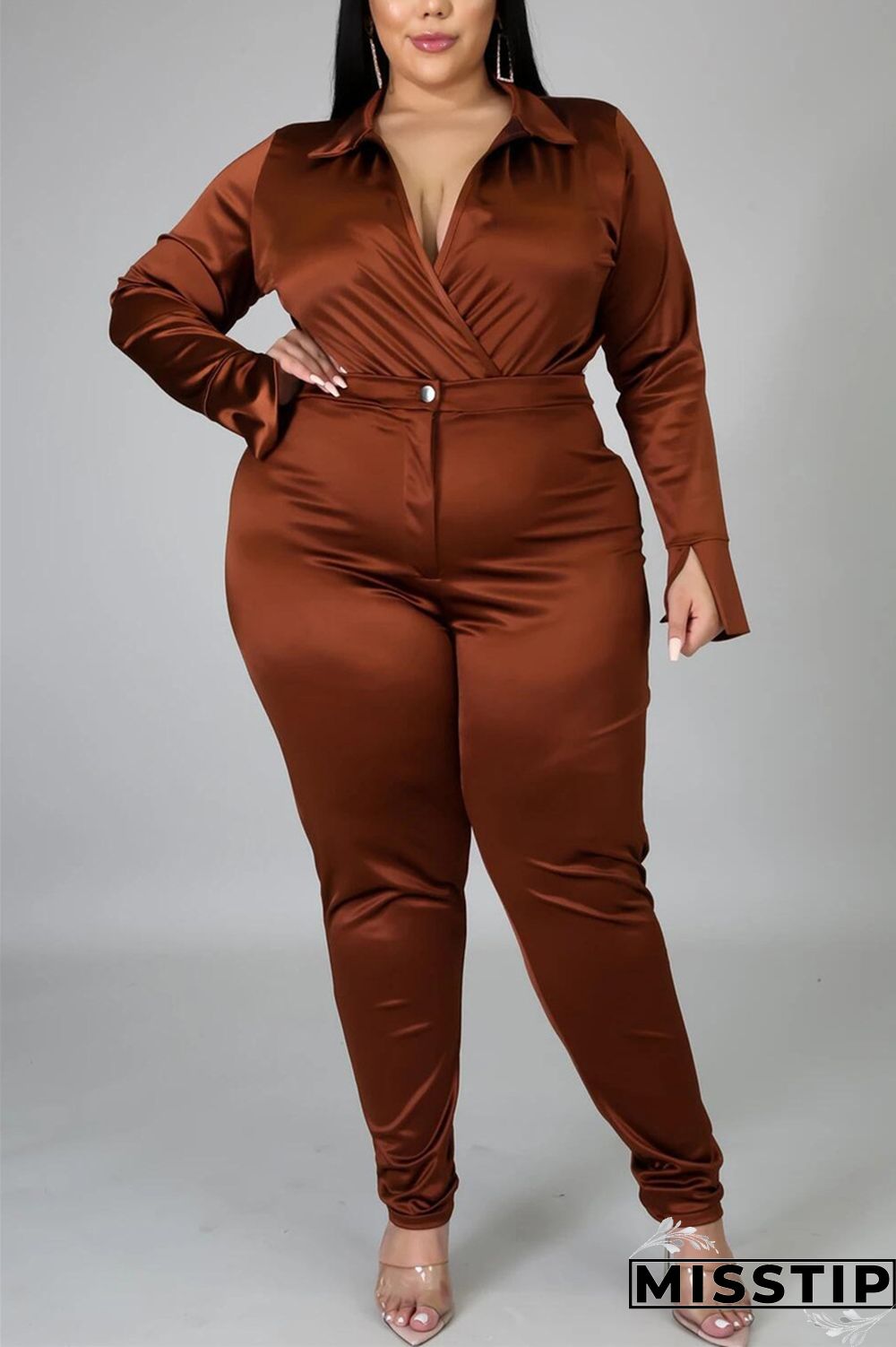 Blue Fashion Casual Solid Basic Turtleneck Plus Size Set