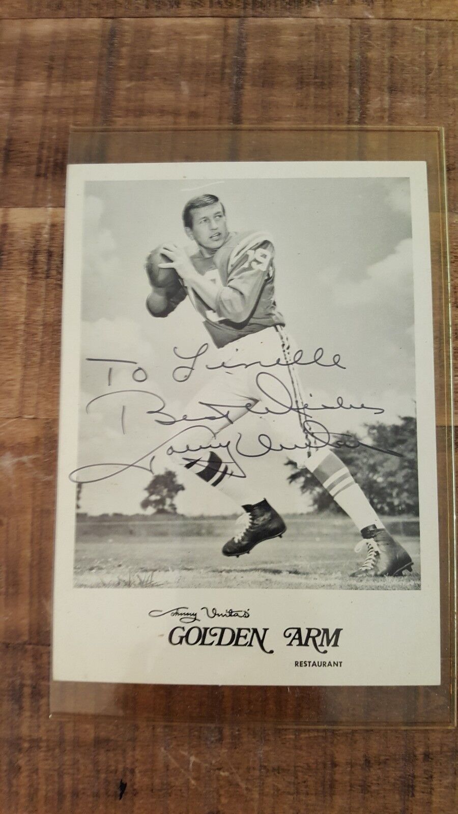 Signé & Inscrit Photo Poster painting / Johnny Unitas / De His Golden Bras Restaurant