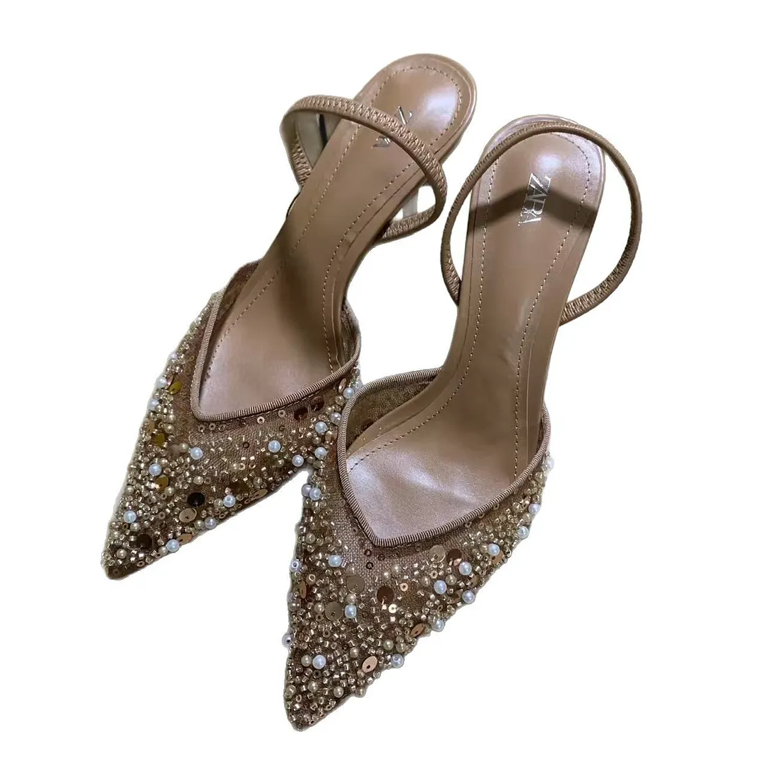 Breakj Breakj Spring New Women's Shoes Apricot Beads And Set Mesh With Sharp Tips High Heels