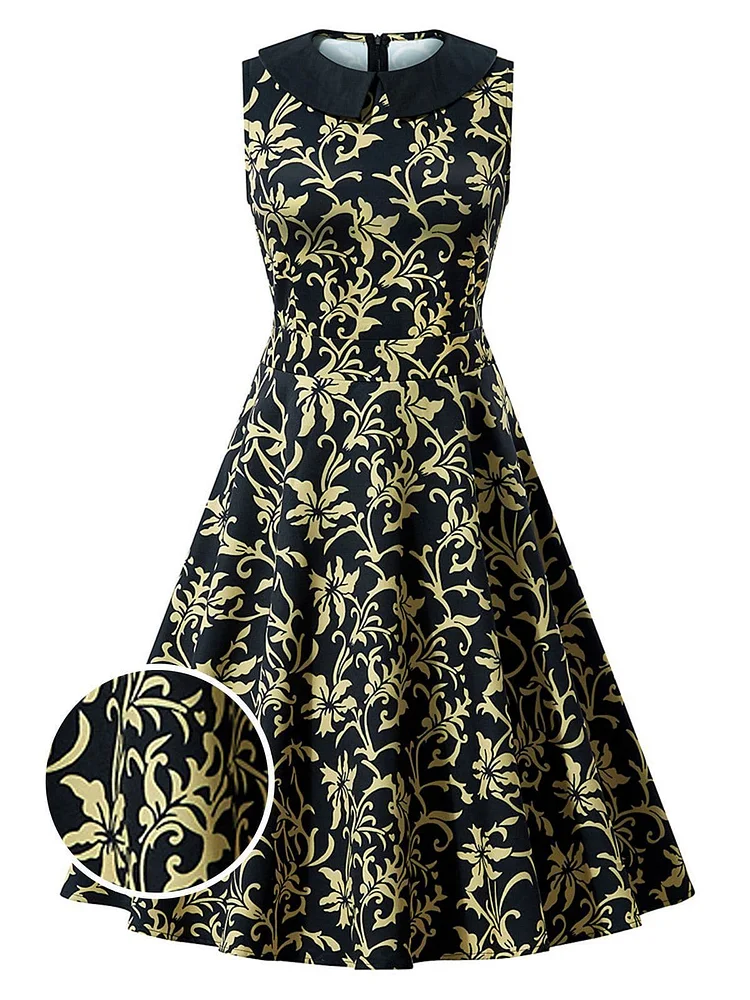 Black 1950s Floral Collar Swing Dress