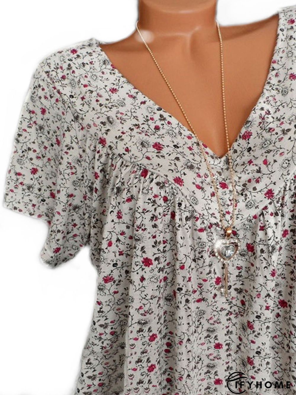 Casual V Neck Floral Short Sleeve Top | IFYHOME