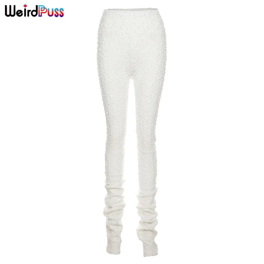 Weird Puss Shaggy Pencil Pants Women Casual Glitter High Waist Trousers Sporty Wild Streetwear Skinny Stretchy Autumn Bottoms